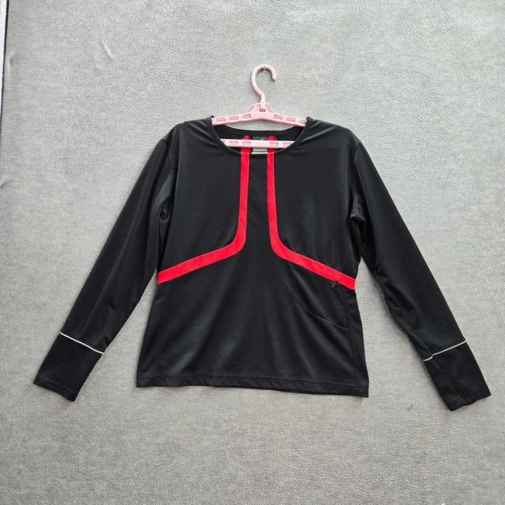 VINTAGE Nike Women Activewear Top Large Red Black Shirt Colorblock Sphere Dry